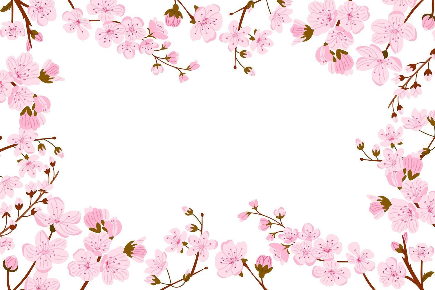 Pink sakura branches forming a floral frame with empty space in the center. Spring blossom ideal for seasonal greetings, romance, and natural beauty themes vector