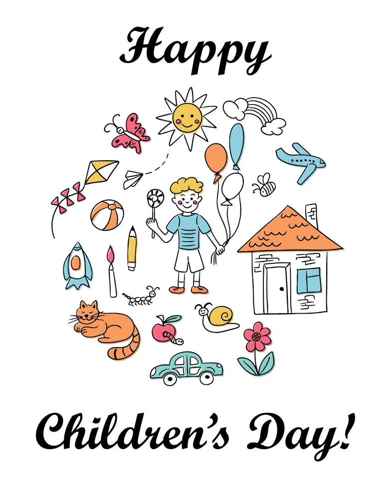 Happy Childrens Day card with doodle-style boy, balloons, animals, toys, and nature elements. Playful celebration expressing childhood joy, imagination, and innocence vector