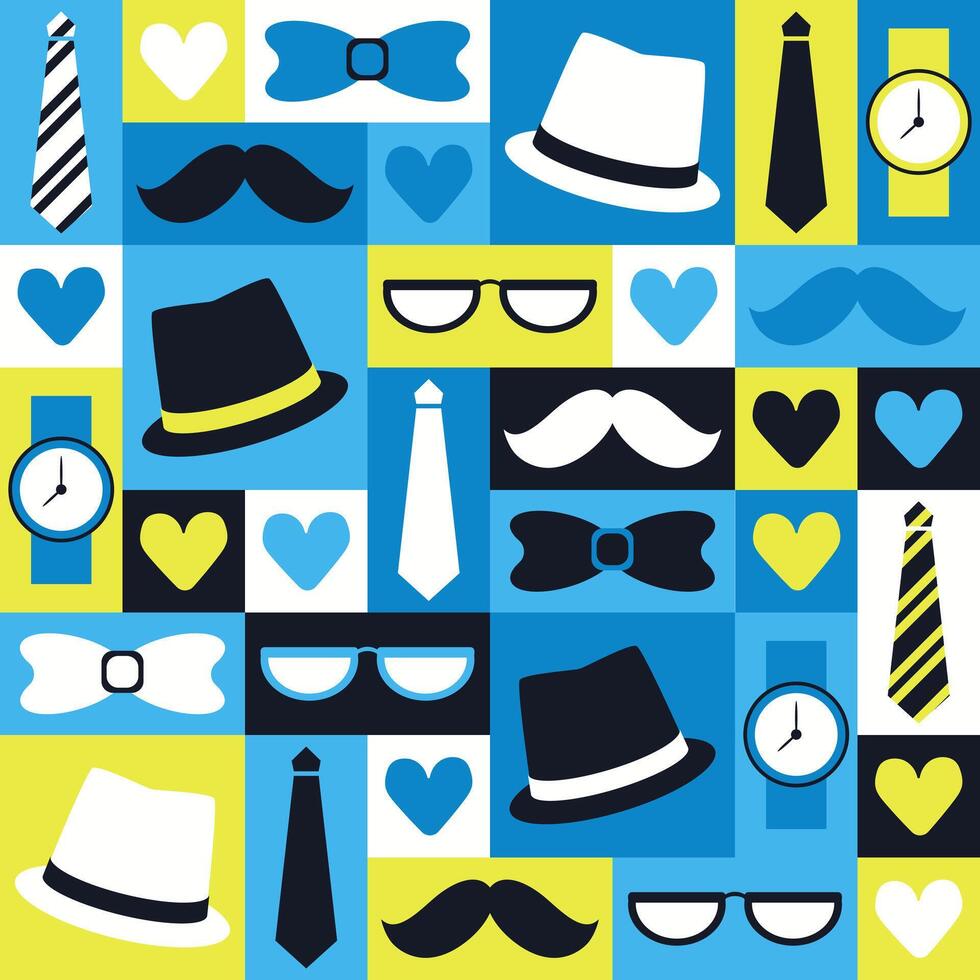 Fathers Day seamless pattern with hats, mustaches, glasses, ties, watches and hearts in blue, black and yellow tones. Playful hand drawn for greeting cards, wrapping paper and masculine designs vector