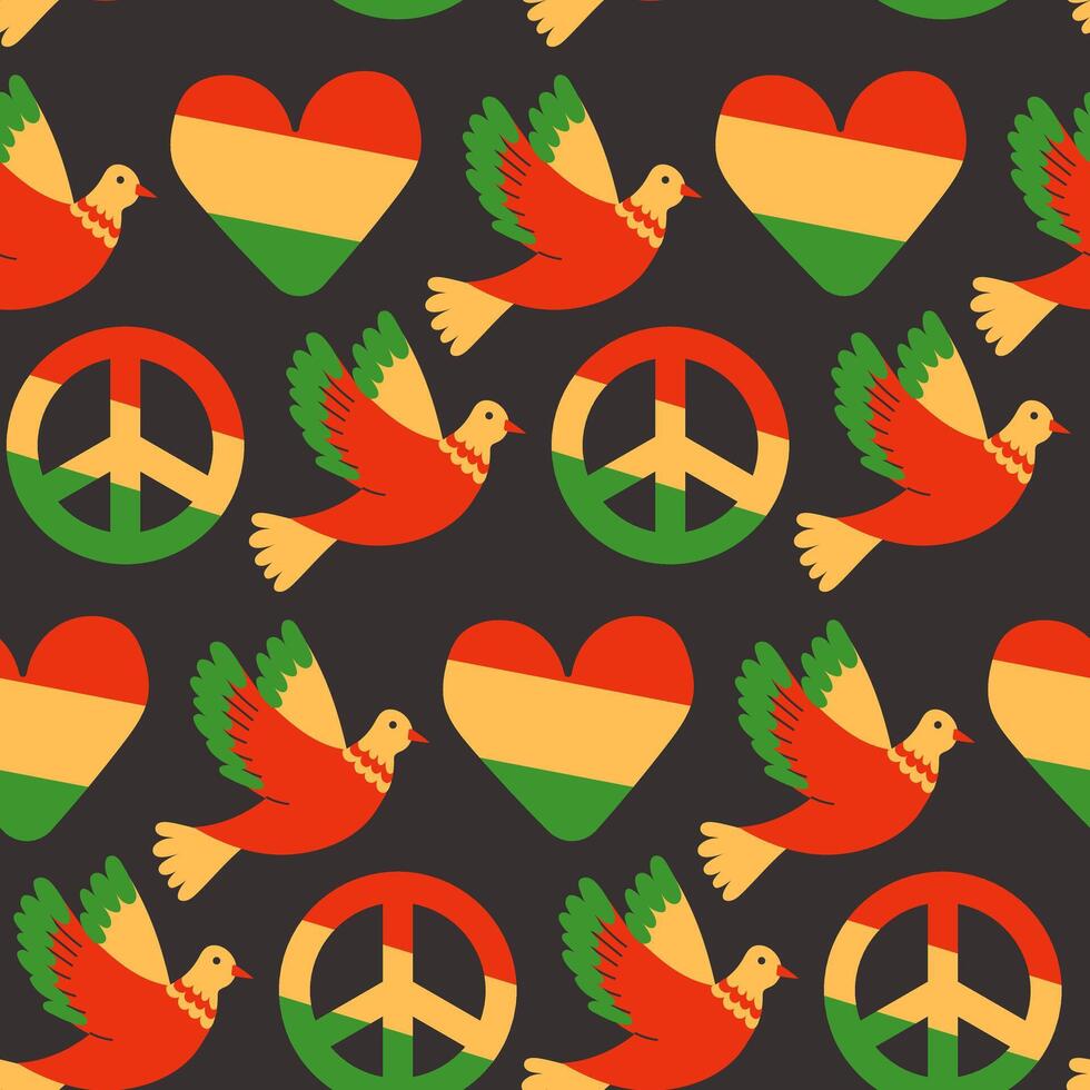 Seamless pattern with peace doves, hearts, and peace signs in red, yellow, and green. Symbolic celebrating freedom, peace, and unity in vibrant cultural style vector