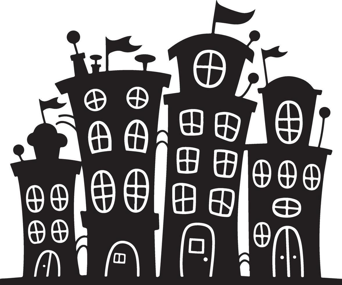 Whimsical Building Silhouettes A Cartoon Style Black And White Illustration Of Stylized Houses vector