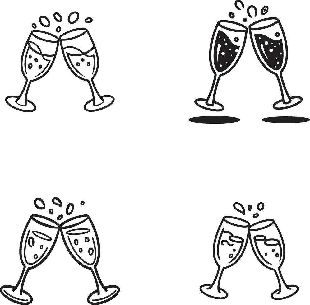 Toasting Champagne Glasses Celebration Bubbles Party Illustration Outline Style Drawing vector