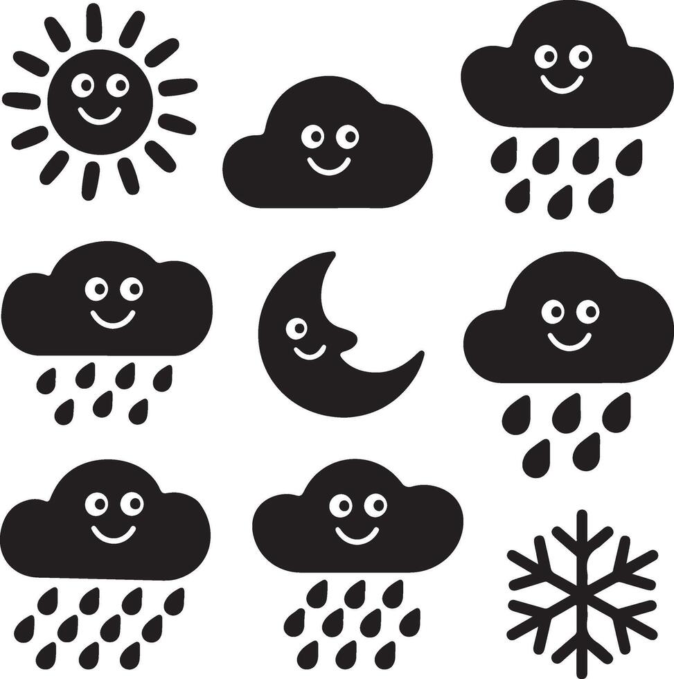 Weather Icons Set With Smiling Sun Moon Clouds Rain And Snowflake Black vector