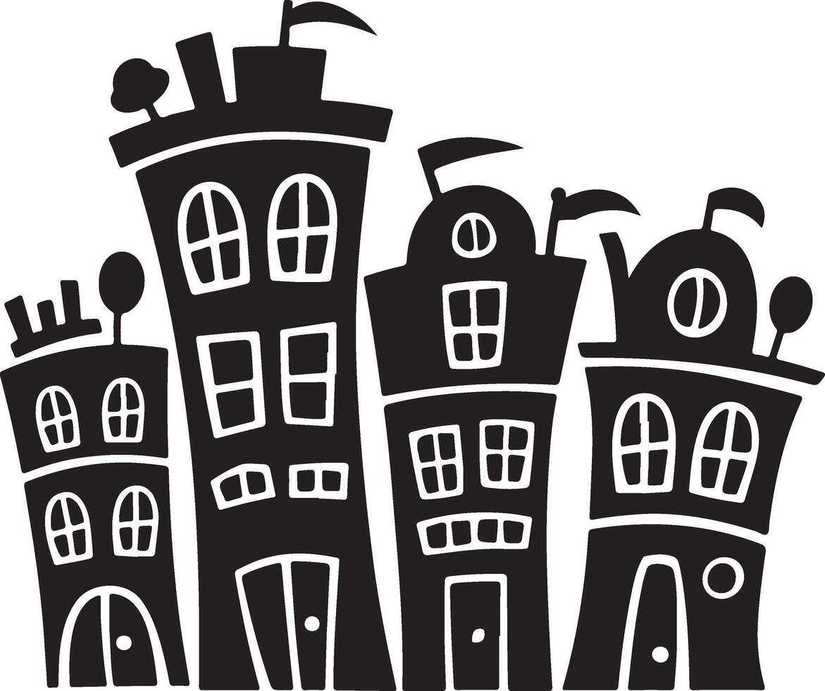 Quirky Cartoon Buildings Black And White Illustration Architecture Urban Landscape vector