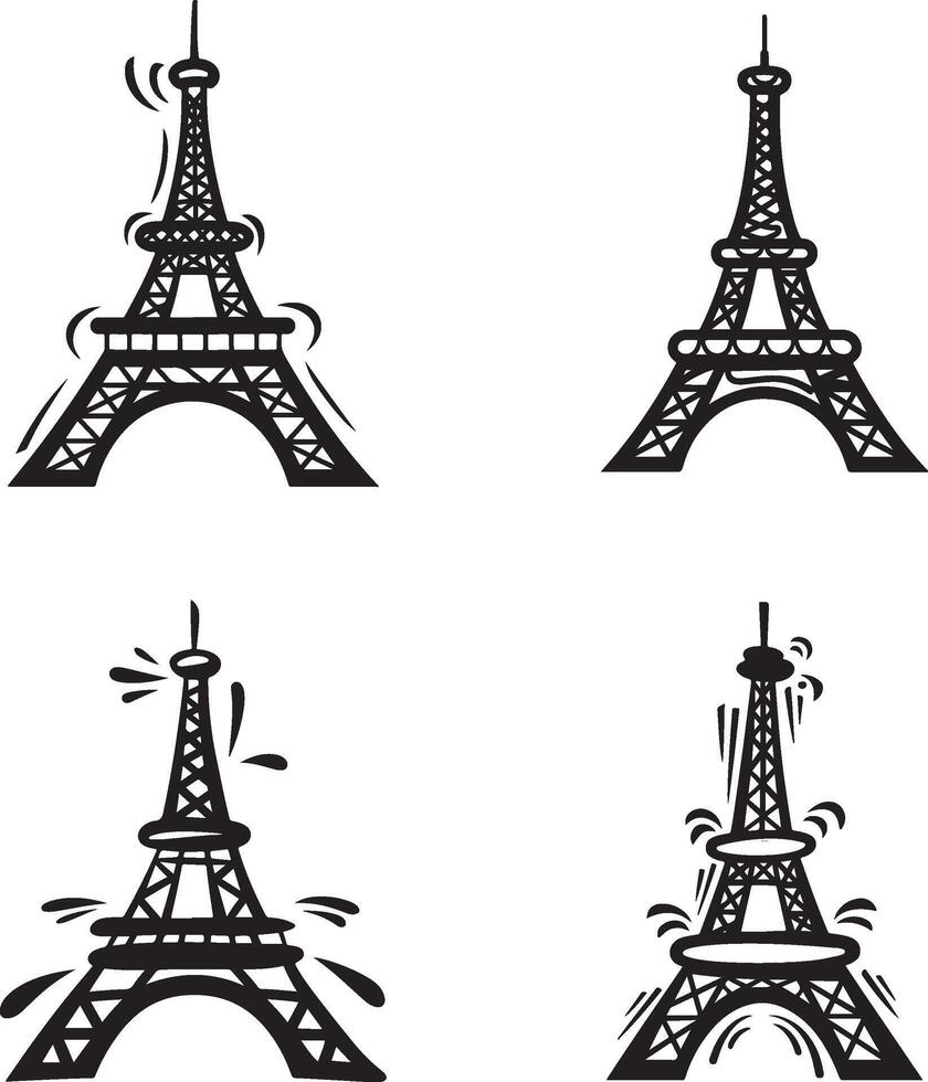 Eiffel Tower Cartoon Black And White Illustration Of Paris Landmarks Set vector