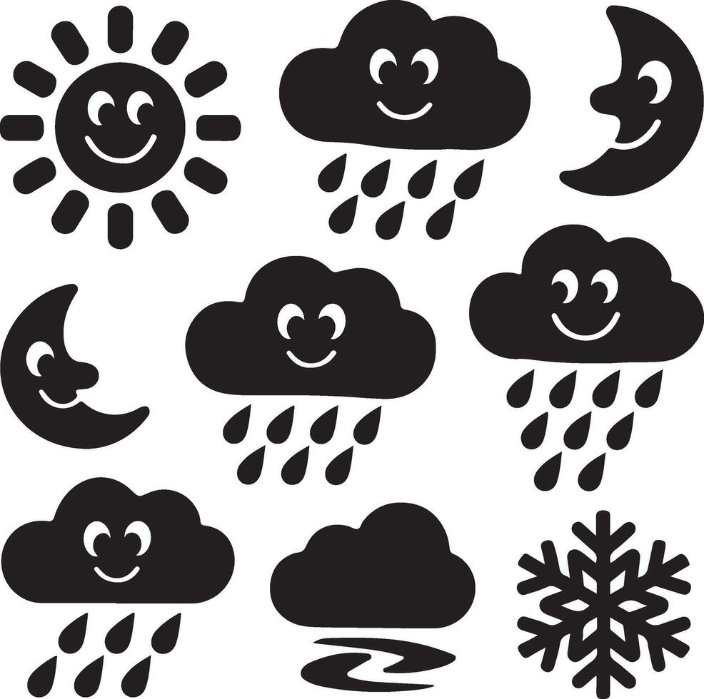 Weather Icons Set With Sun,Clouds,Rain,Moon,And Snowflake vector