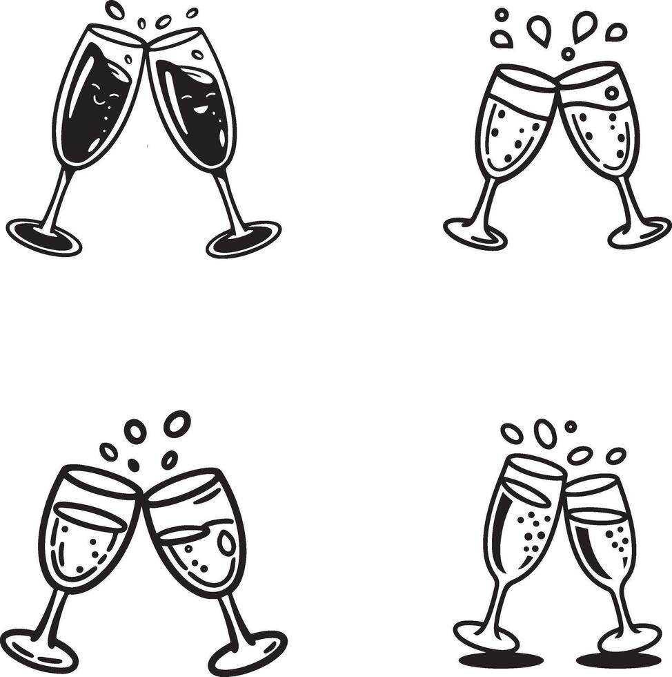 Toasting Champagne Glasses Clinking Together Celebration Concept Black And White Line Art vector