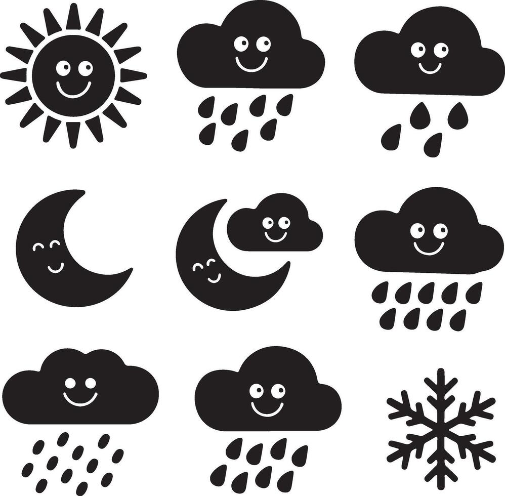 Weather Icon Set Featuring Smiling Sun Moon Clouds And Snowflakes In Black vector