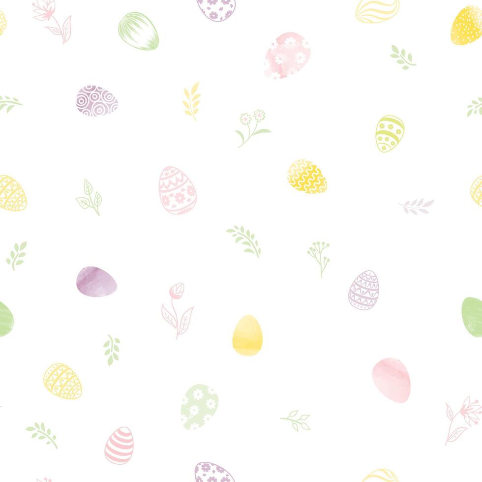Easter spring seamless gentle pattern with flowers, bunnies, and easter eggs over white background. Easter holiday decor for website, package, greeting card design vector