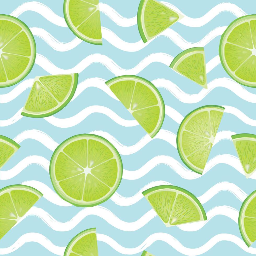Citrus lime fruit seamless pattern over wave sea texture. Fresh healthy food realistic style drawn background vector