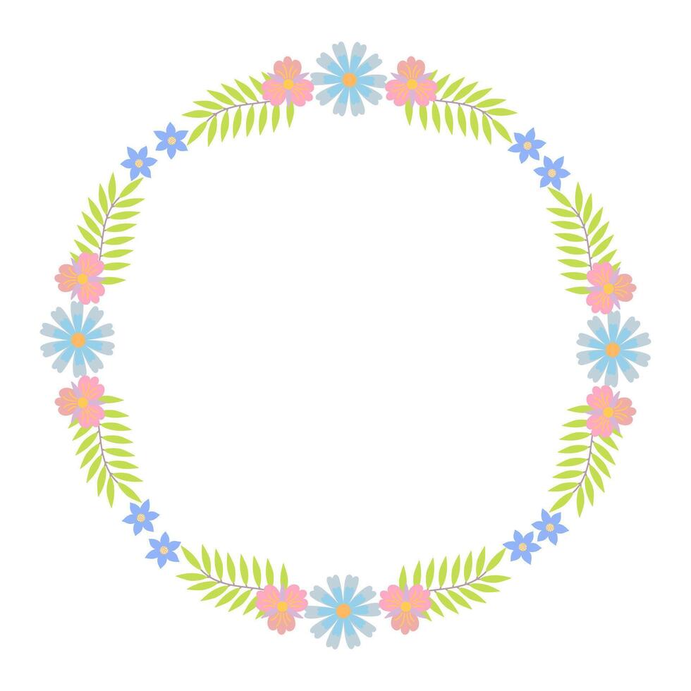 Wreath of decorative whimsical flowers, leaves, simple frame design element for wedding, birthday, card, background, invitation, sticker, decoration vector