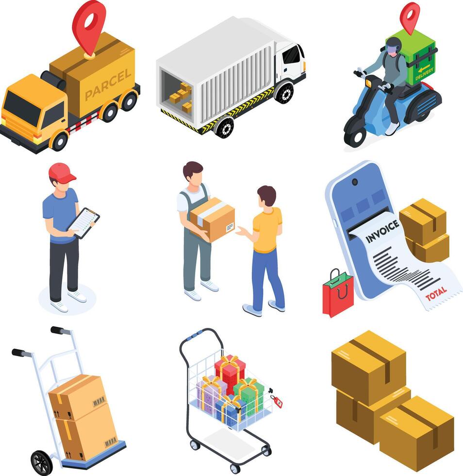 Isometric Parcel Delivery and Logistics Icon Set vector