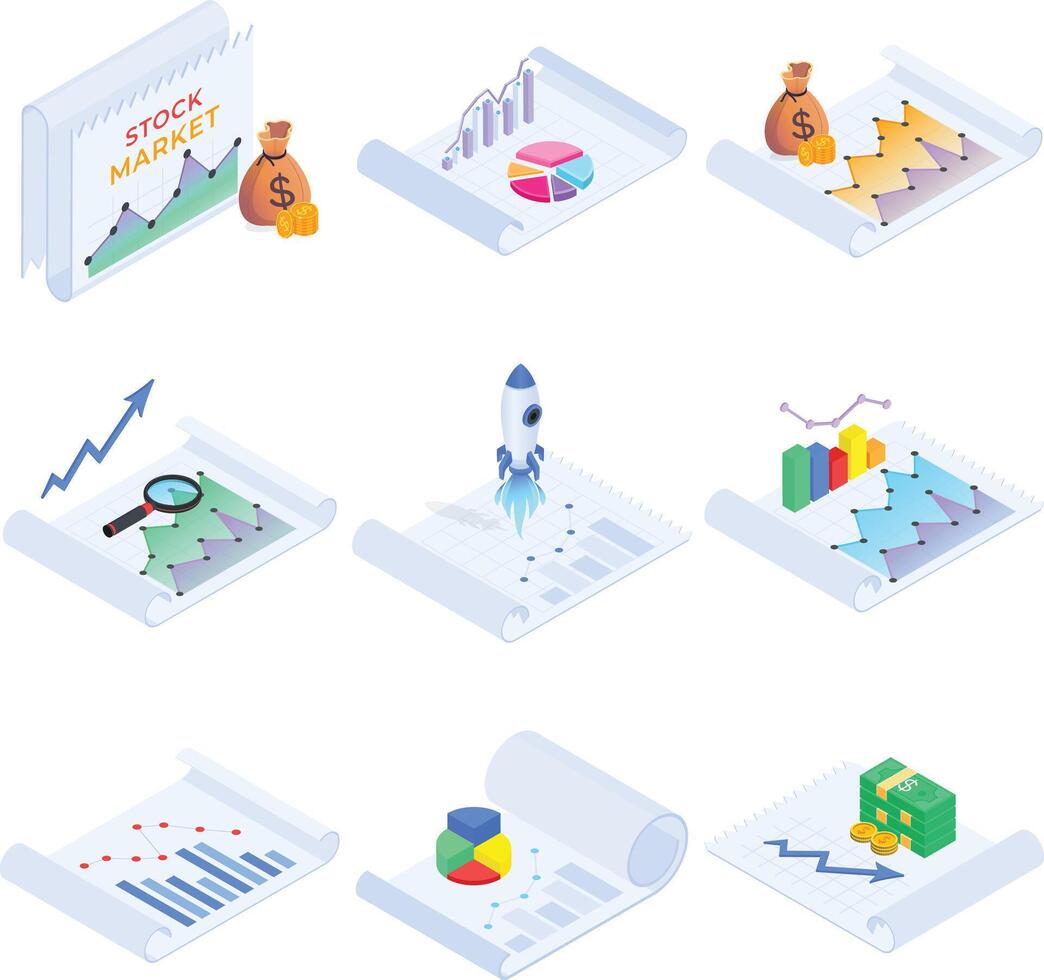Financial Growth Charts and Market Analysis Isometric Icons vector