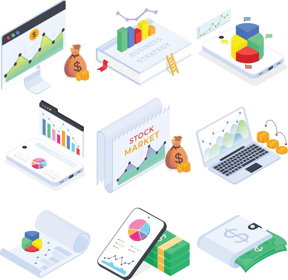 Isometric Finance and Business Strategy Icon Set vector