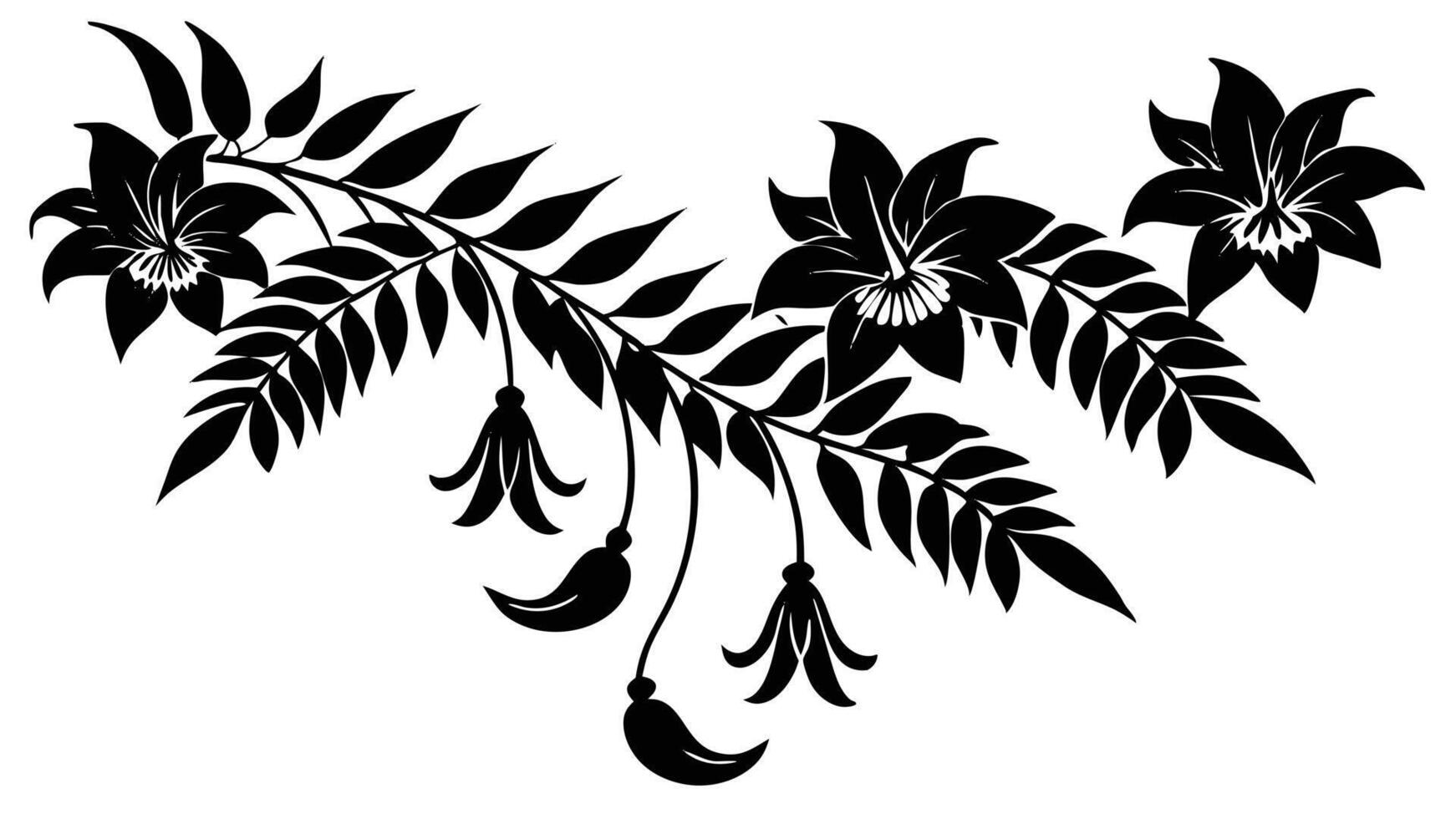 Elegant Black Flower And Leaf Silhouette Botanical Illustration vector