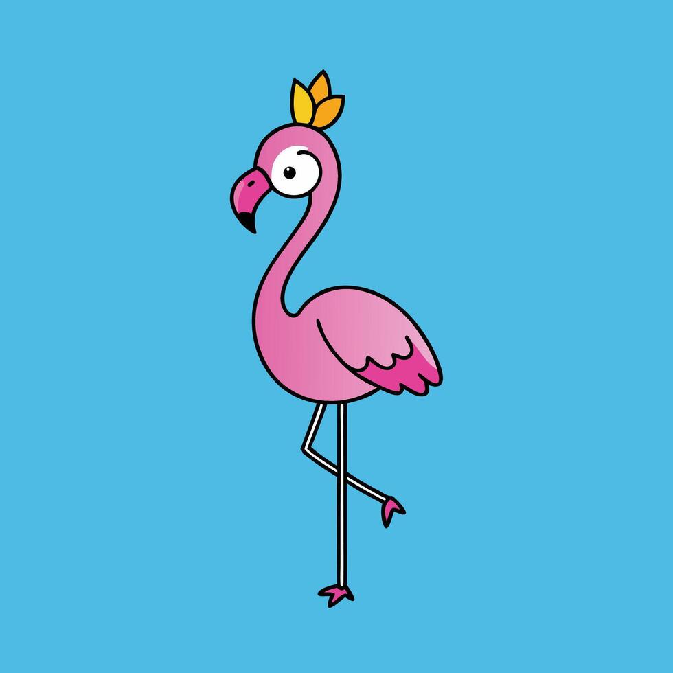 Cartoon Flamingo With Crown On Blue Background vector