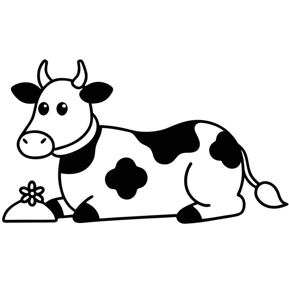 Cute Cartoon Cow Lying Down With Flower vector