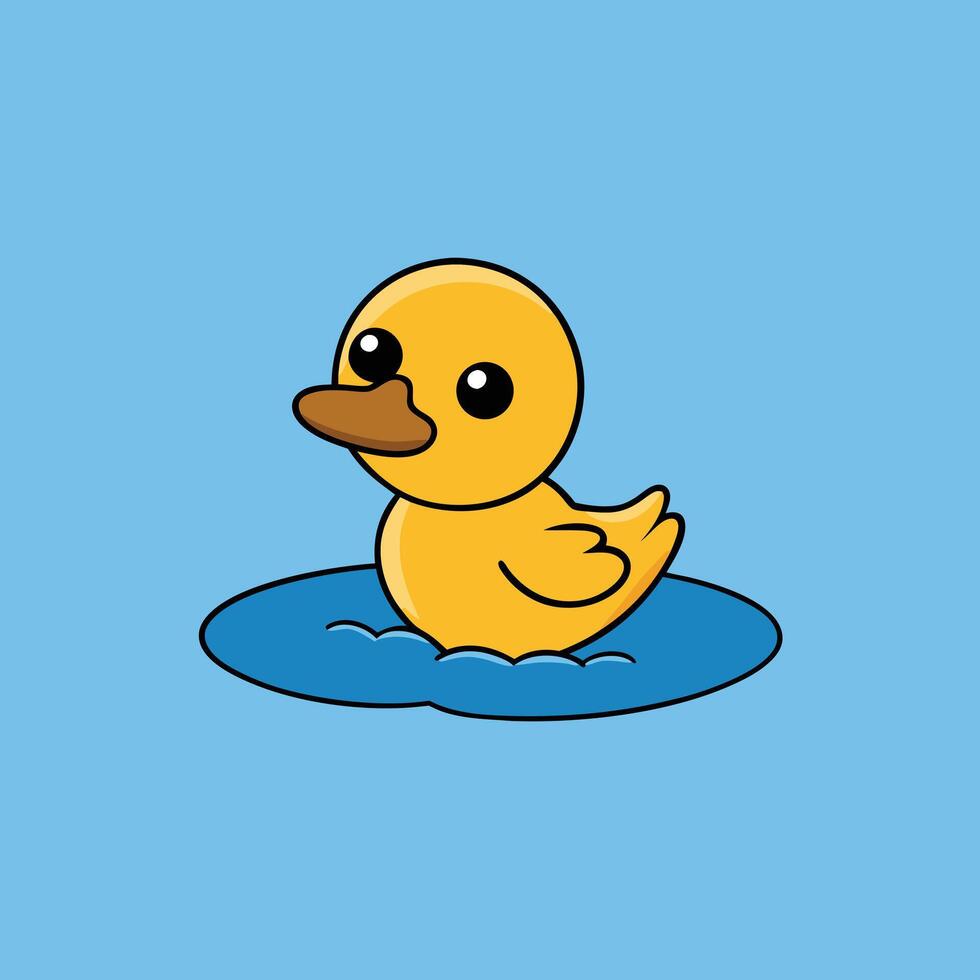 Cartoon Yellow Duckling Swimming On Blue Water vector