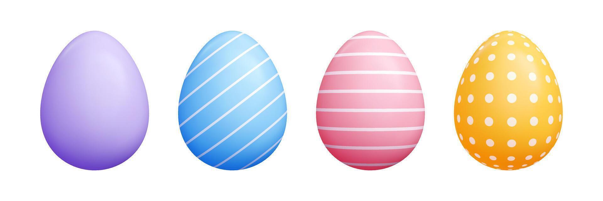 Easter 3d egg set - pastel color solid oval cartoon shapes, decorative polka dots, cute striped lines patterns. vector
