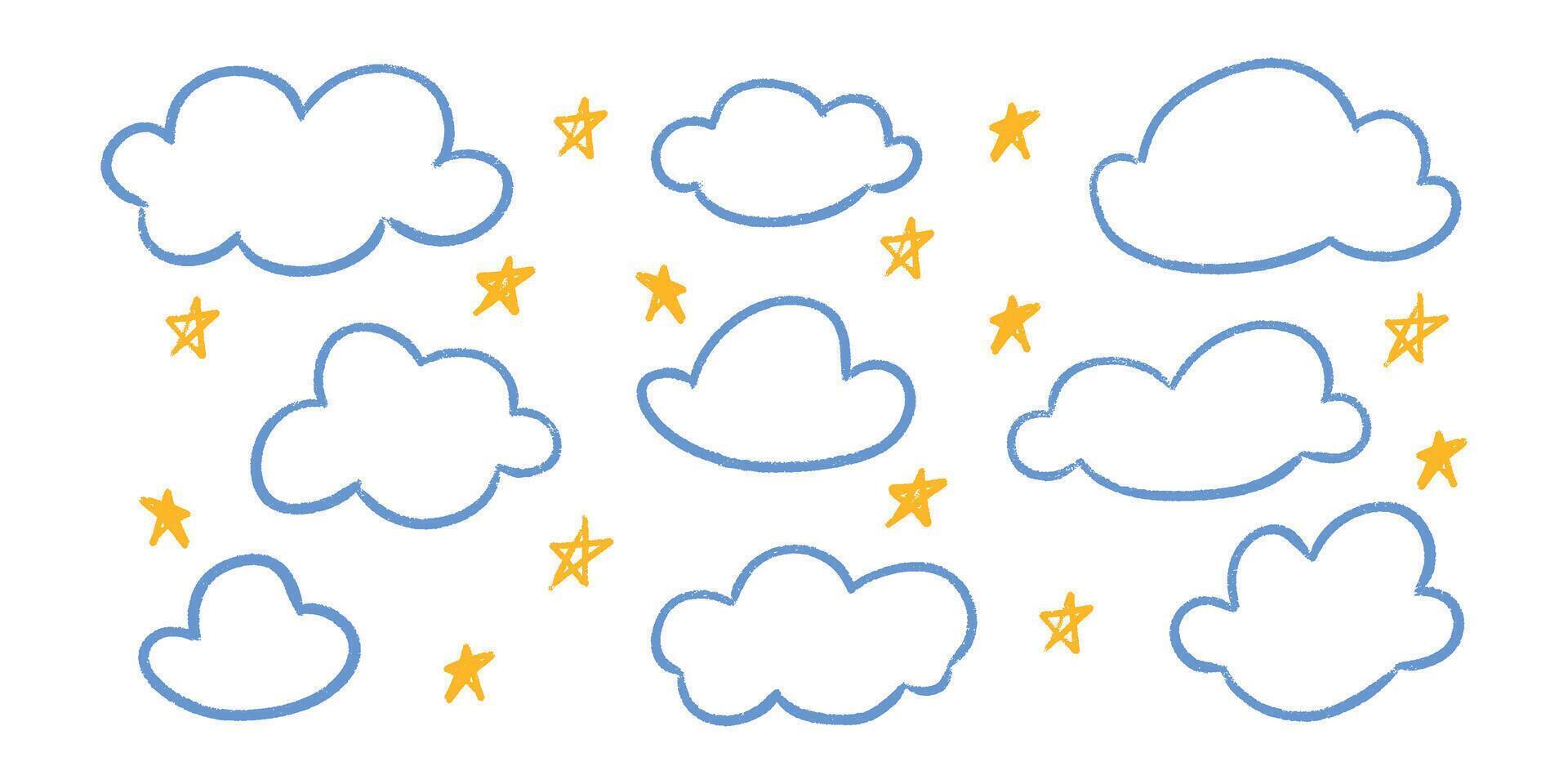 Crayon chalk kid cloud doodle bundle - adorable wonky stars uneven hand drawn style. vector