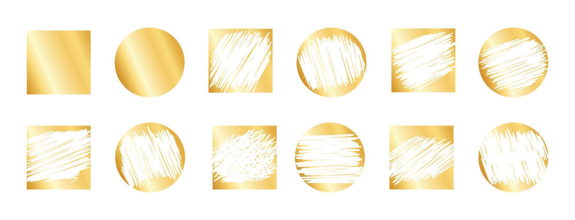 Card lottery scratch on golden shiny badges - gritty speckled spotted halftone round icons. vector
