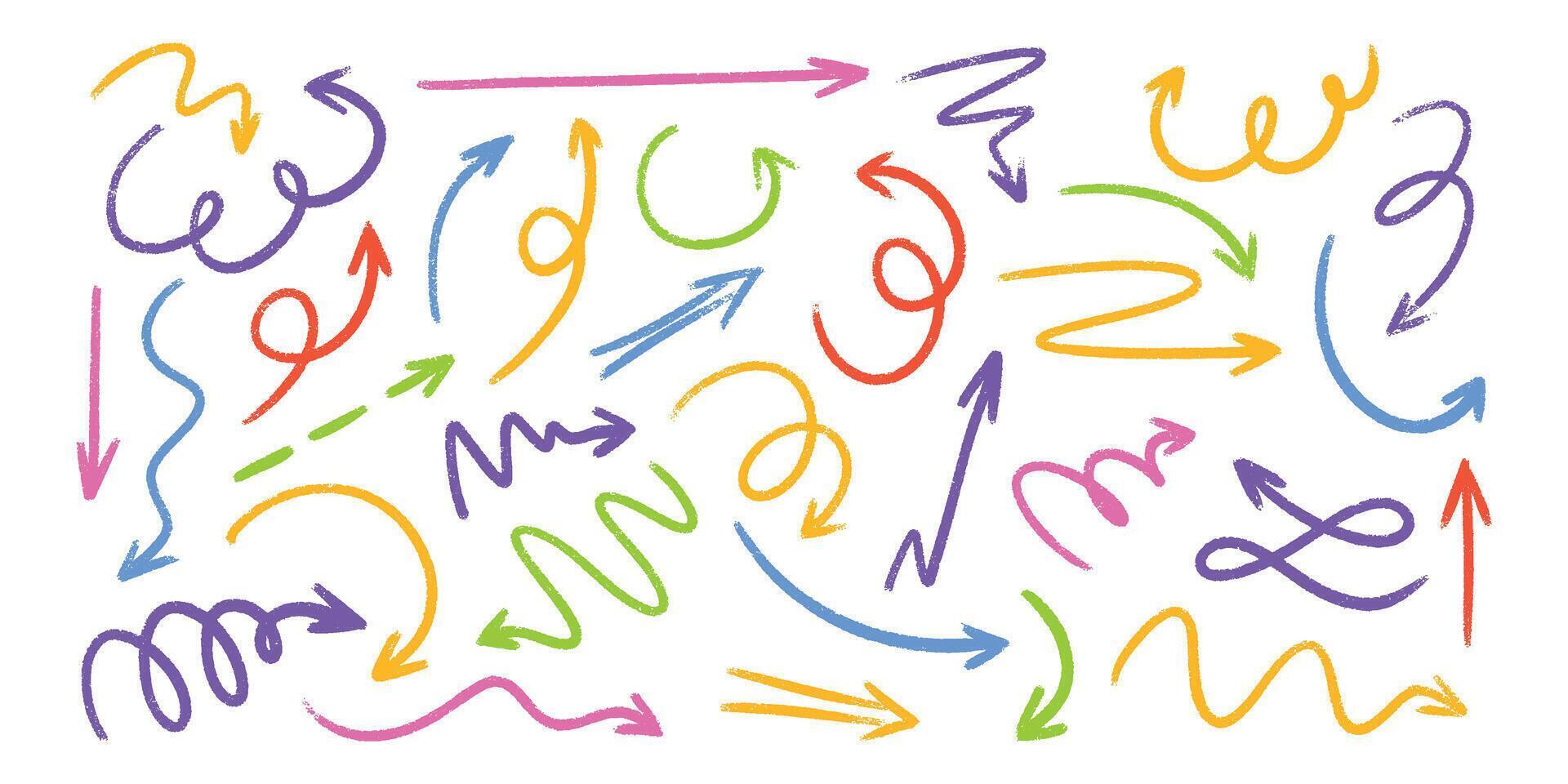 Pastel colored pencil arrow sketches - hand drawn doodle swirls, pointers, curves. vector