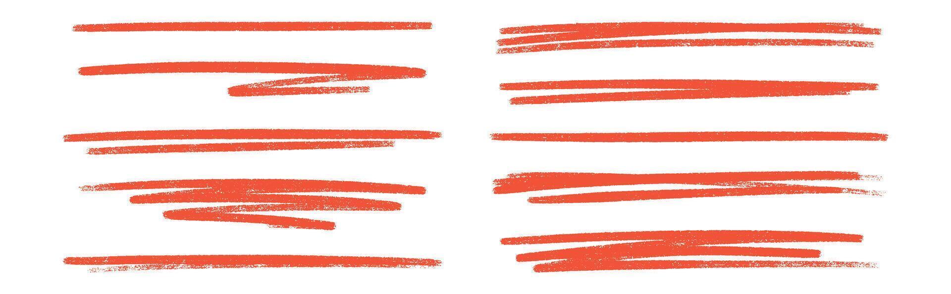 Underline red color crayon set - hand drawn chalk or marker horizontal highlighter strokes. vector
