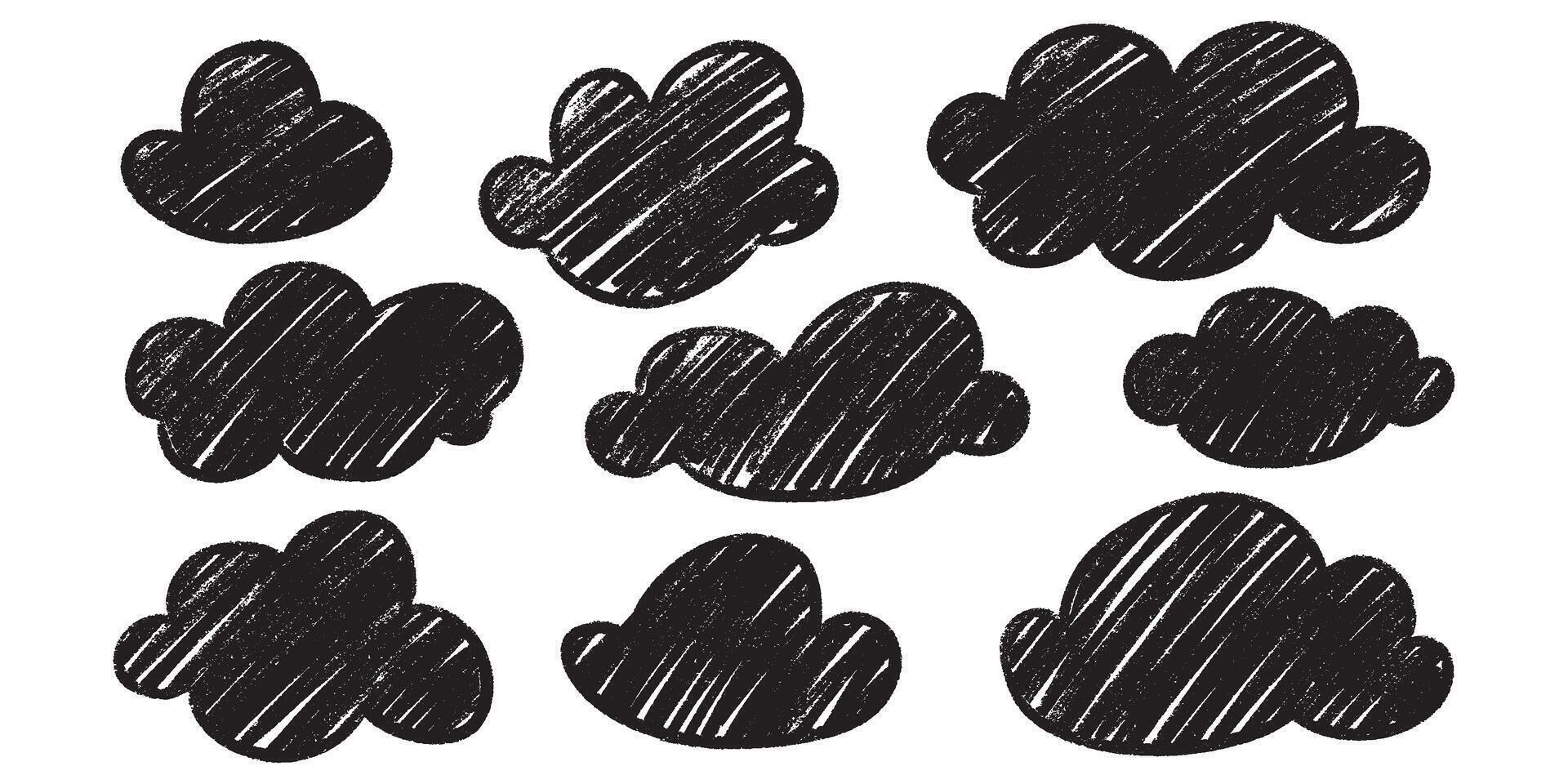 Chalk pencil marker clouds set - black hand drawn doodle sketches isolated on white background. vector