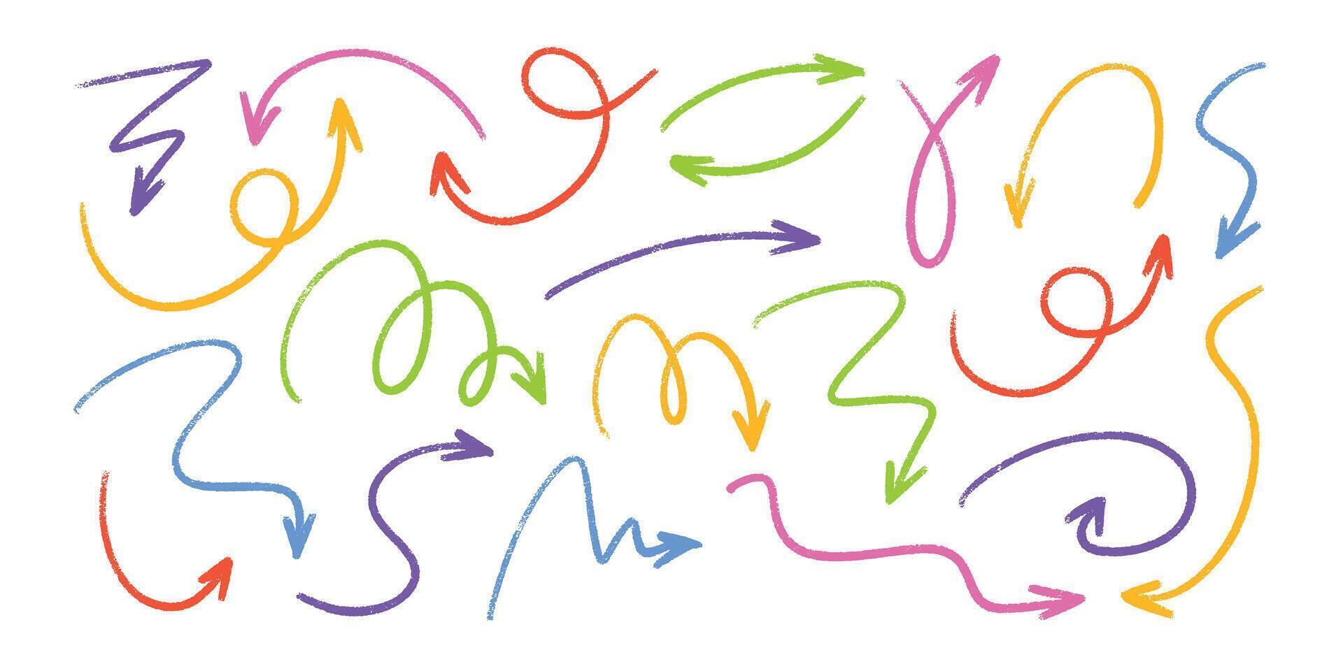 Pastel chalk arrow doodles set - hand drawn swirls, pointers, curved lines. vector