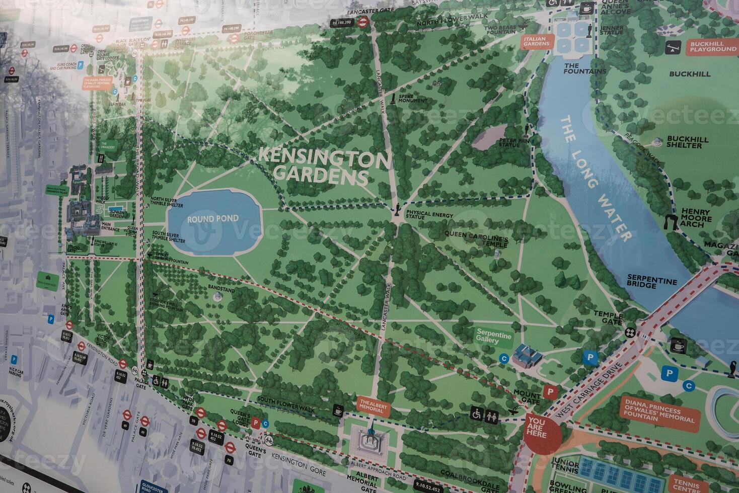A detailed map of Kensington Gardens in London, England, showing the Round Pond, The Long Water, paths, landmarks, and visitor facilities. photo