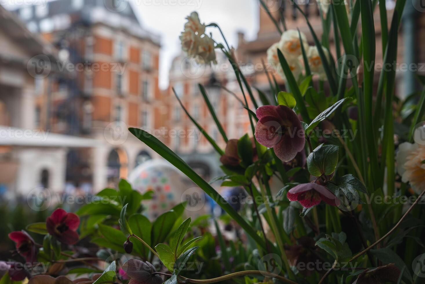 A colorful floral arrangement in the foreground contrasts with red brick buildings and arched windows in a lively urban London setting. photo