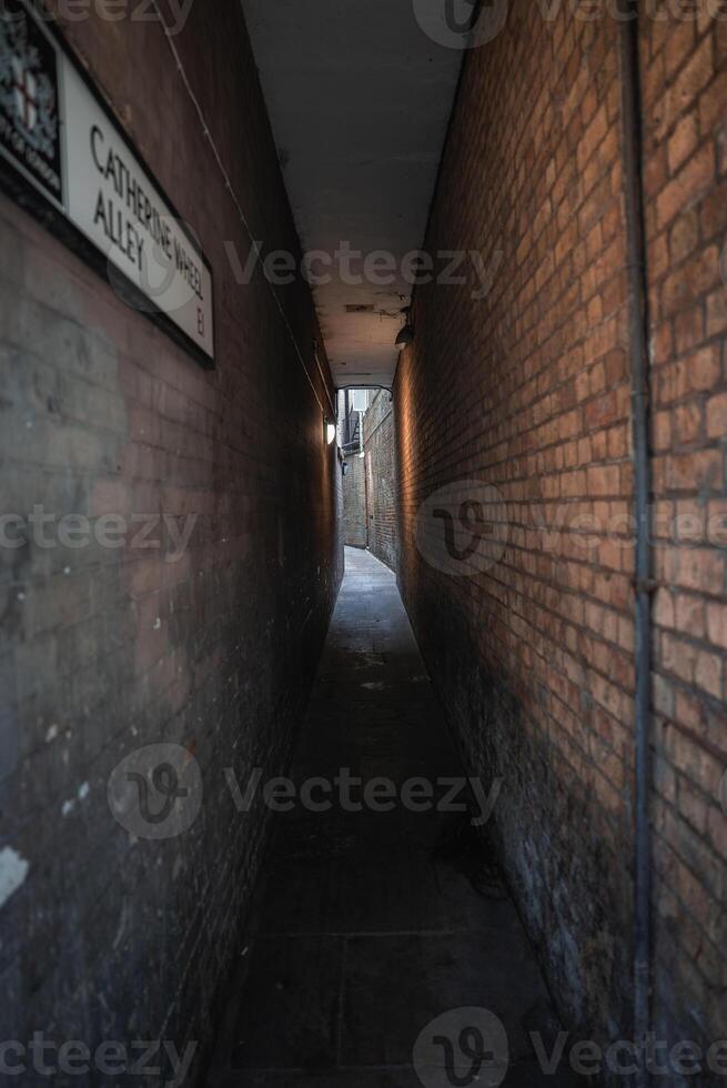 Narrow alleyway named Catherine Wheel Alley in London, flanked by aged brick walls. A faint light fixture adds a subtle glow to the dim corridor. photo