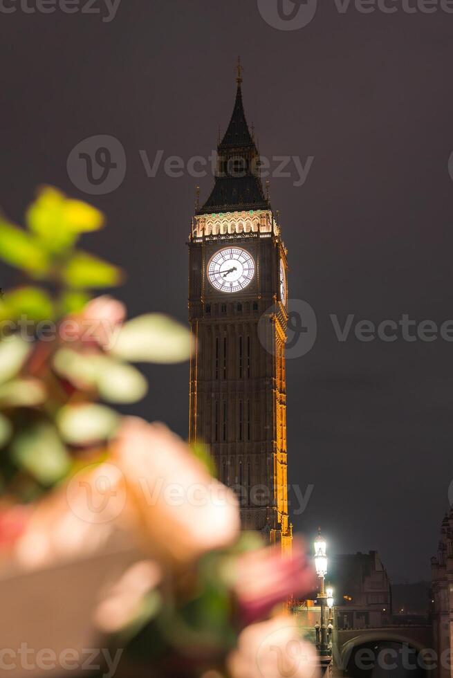 Big Ben stands illuminated against a dark night sky in London. Blurred flowers in the foreground and a streetlamp add depth to the urban scene. photo