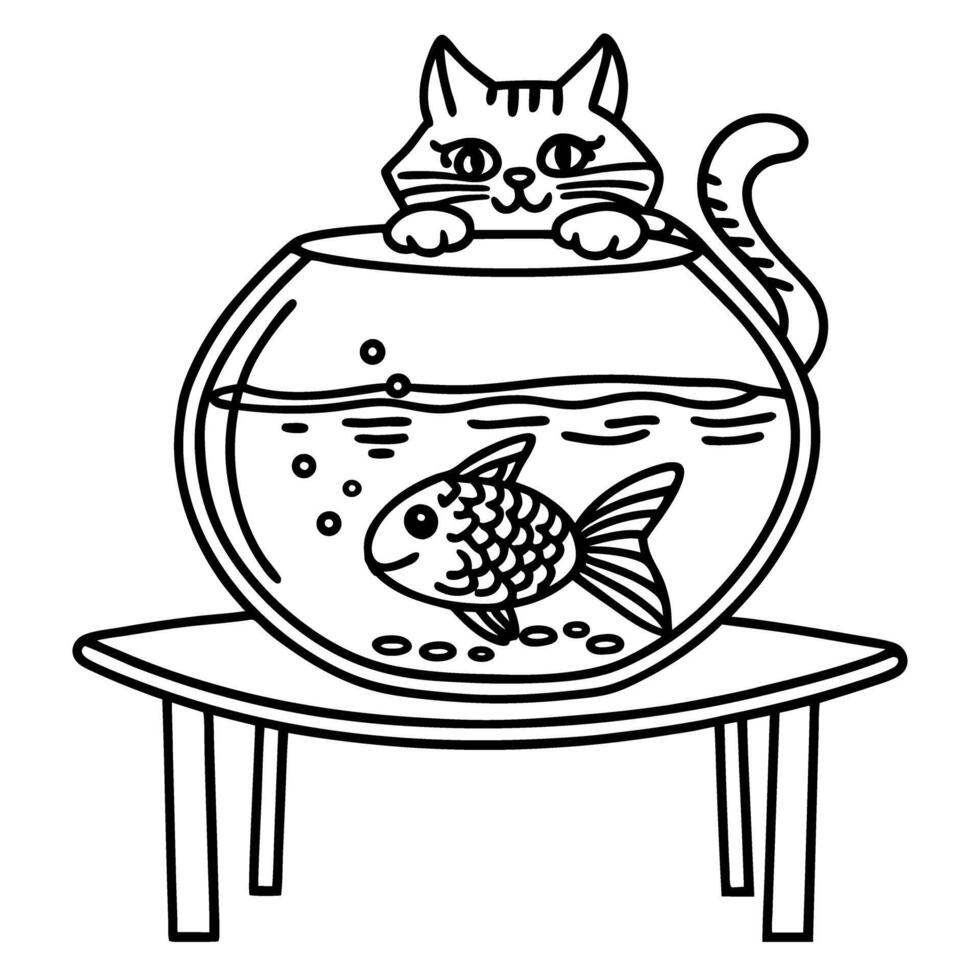Curious cat watching fish in bowl on table playful pet and aquarium scene, simple line drawing vector