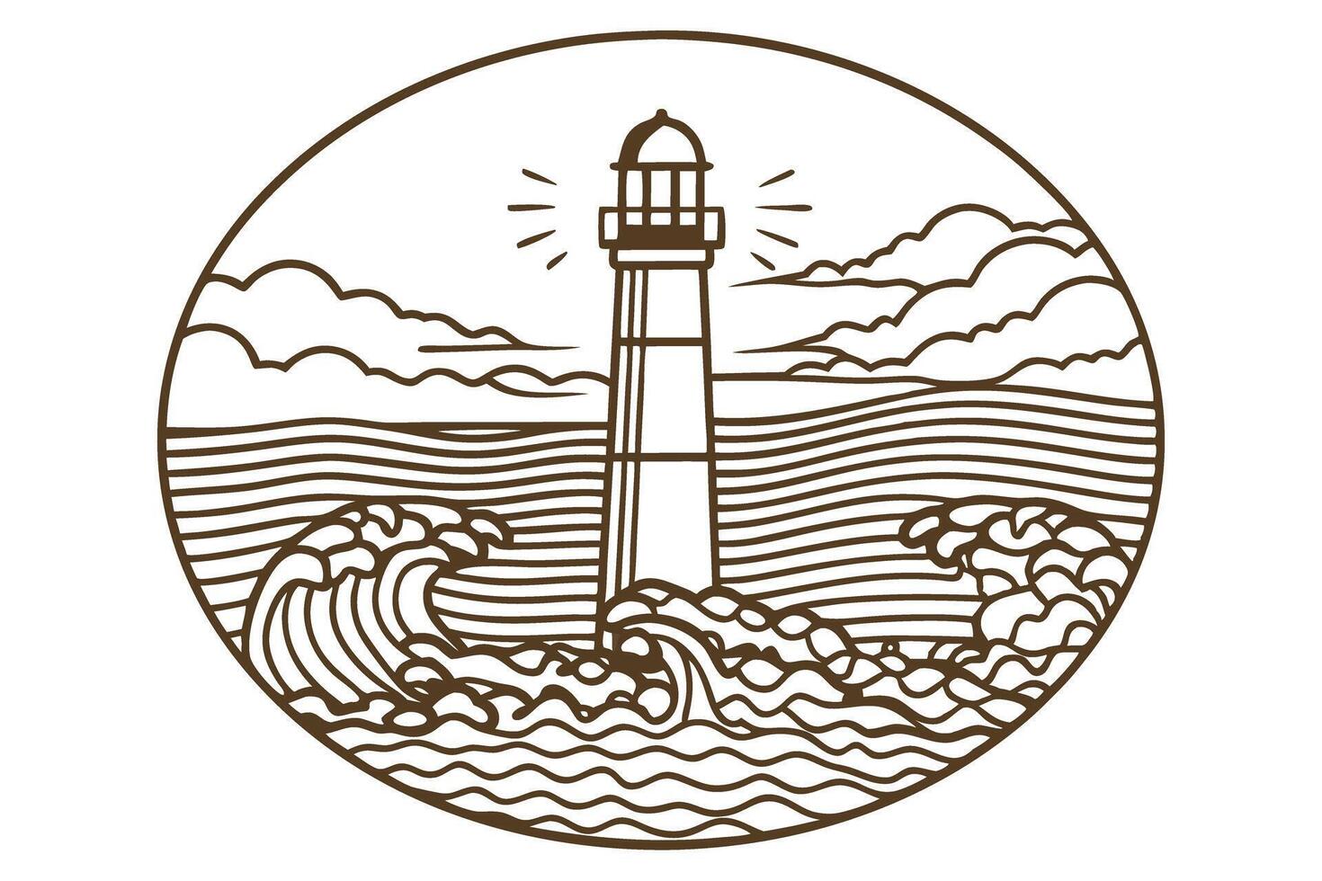 Lighthouse guiding light in ocean waves nautical illustration with lighthouse, sea, and clouds vector