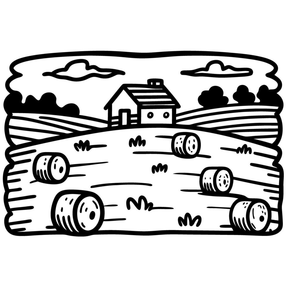 rural farm landscape with hay bales and farmhouse countryside scene, agriculture, rustic tranquility vector