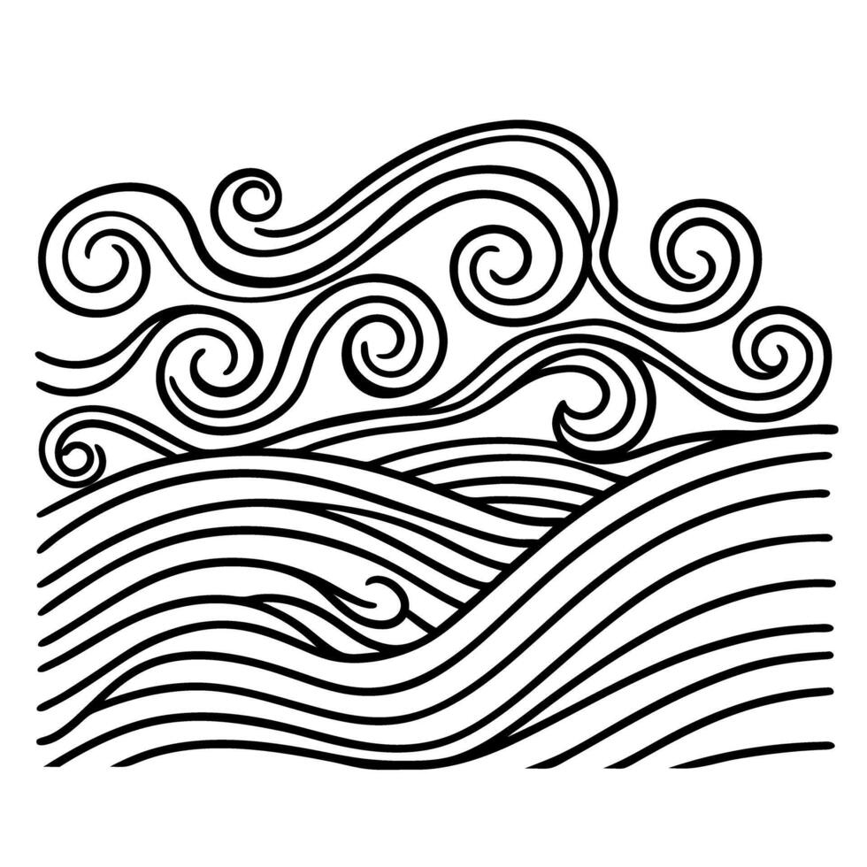 Abstract waves and swirls pattern black lines on white oceanic, artistic flow, creative design vector