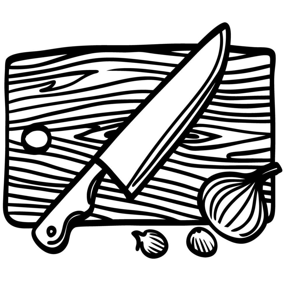 knife and vegetables on wooden cutting board black and white illustration of kitchen tools vector