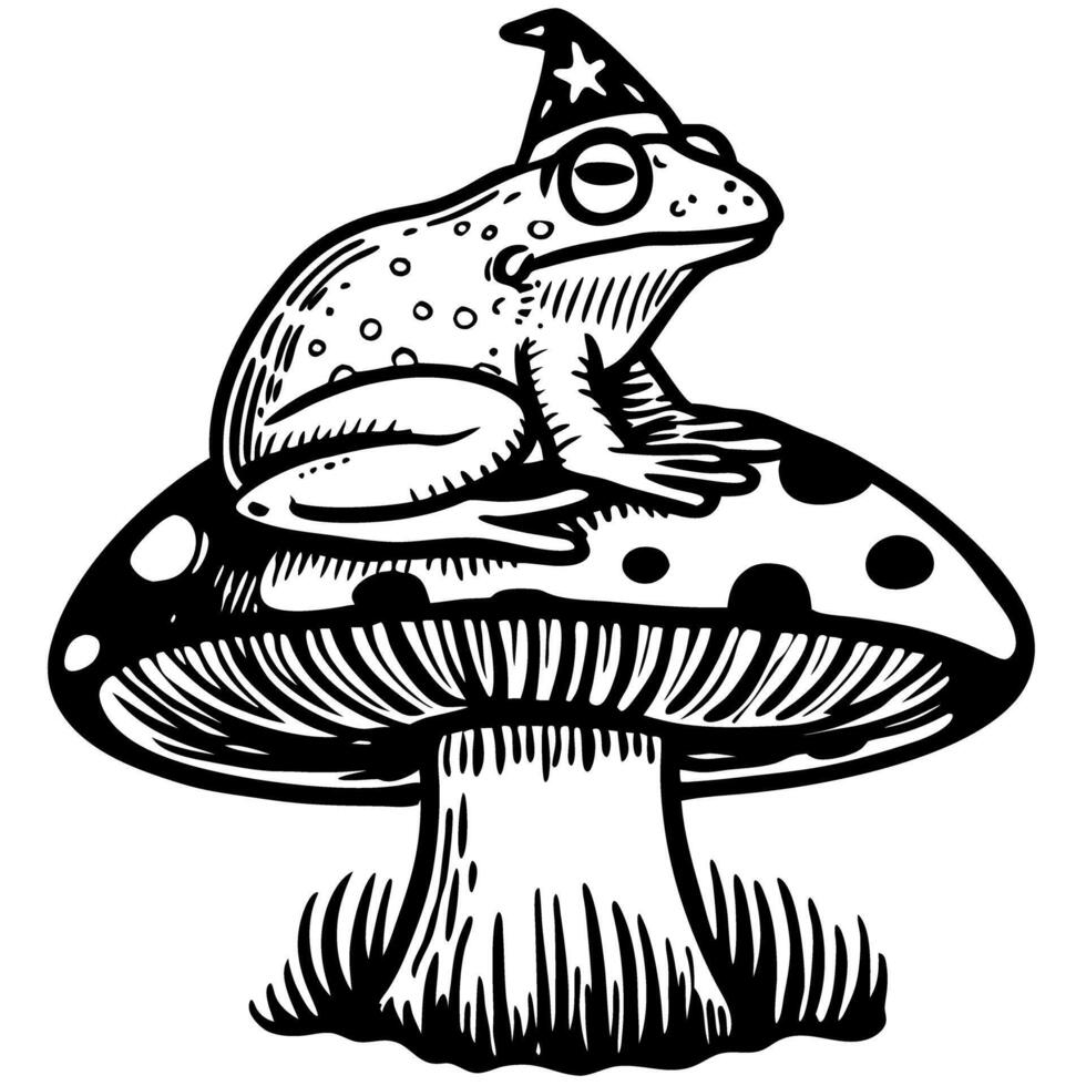 whimsical frog wearing a wizard hat sitting on a mushroom black and white magical illustration vector