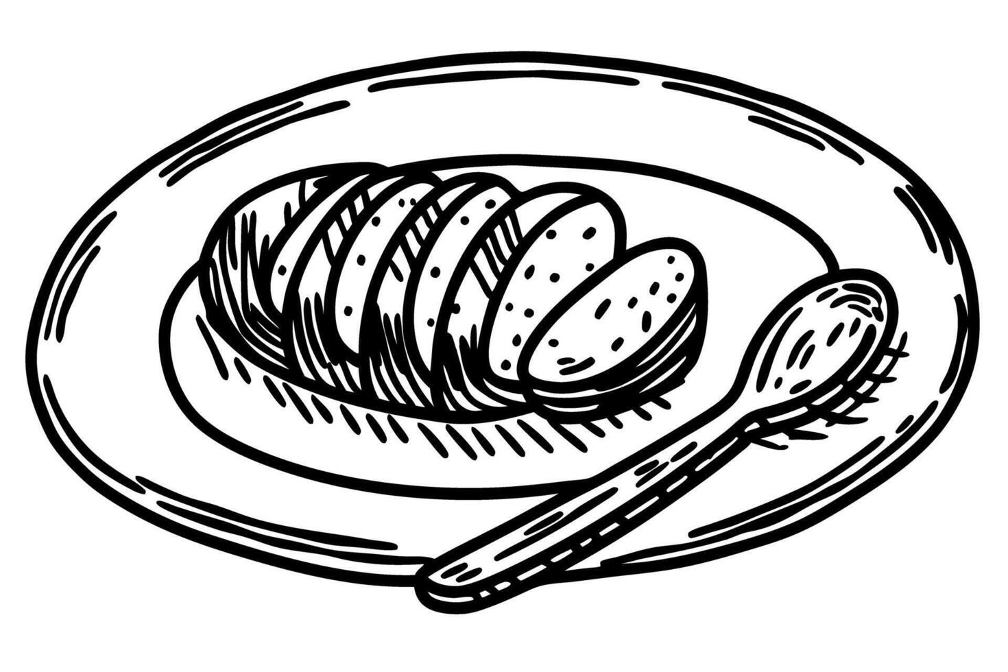 sketch of sliced bread and spoon on a plate, black and white illustration, rustic kitchen art vector