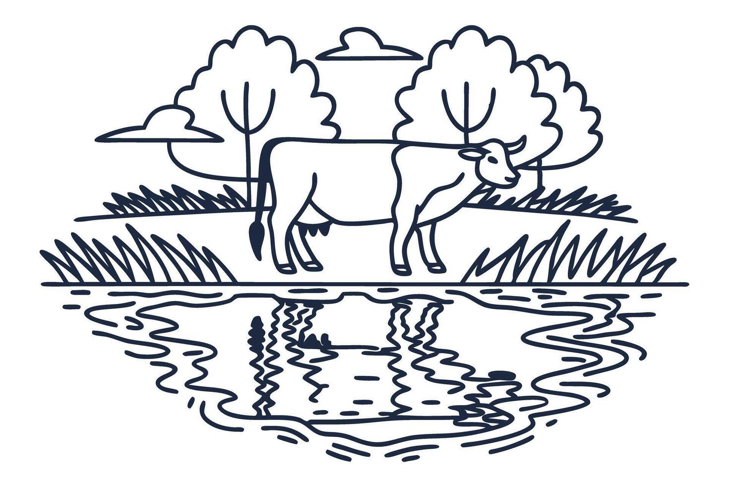 black and white line art of cow grazing by pond with trees and clouds in nature vector