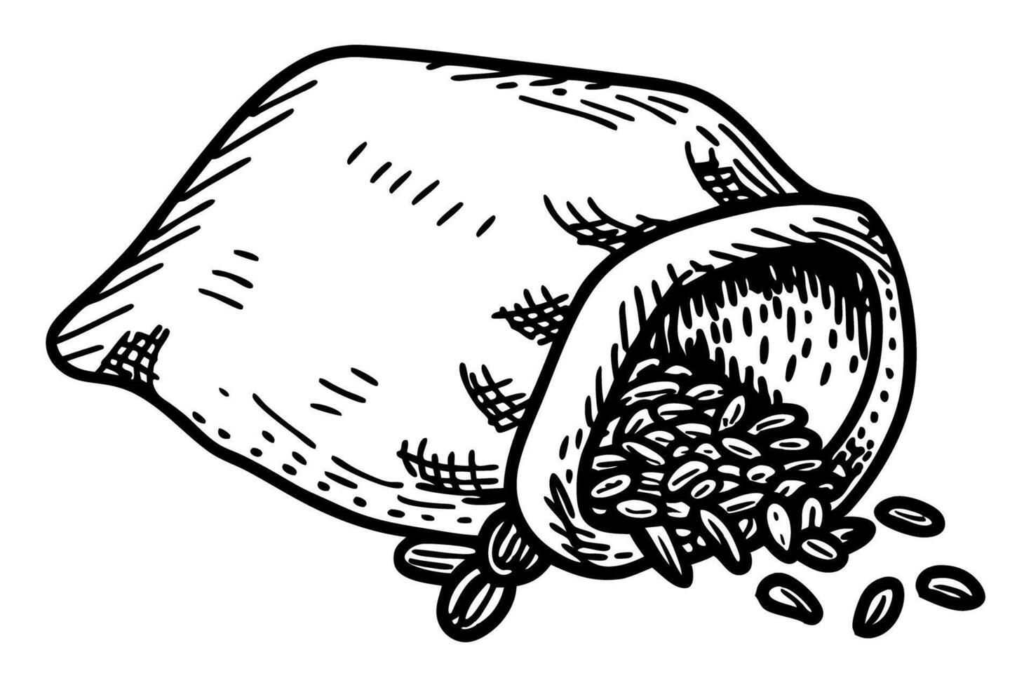 Hand drawn sack of rice spilling grains, vintage illustration vector