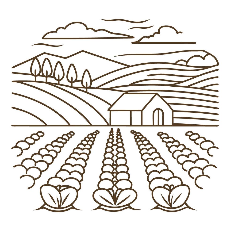 Vibrant countryside farm, fields, and mountains landscape harvest, farming, agriculture vector