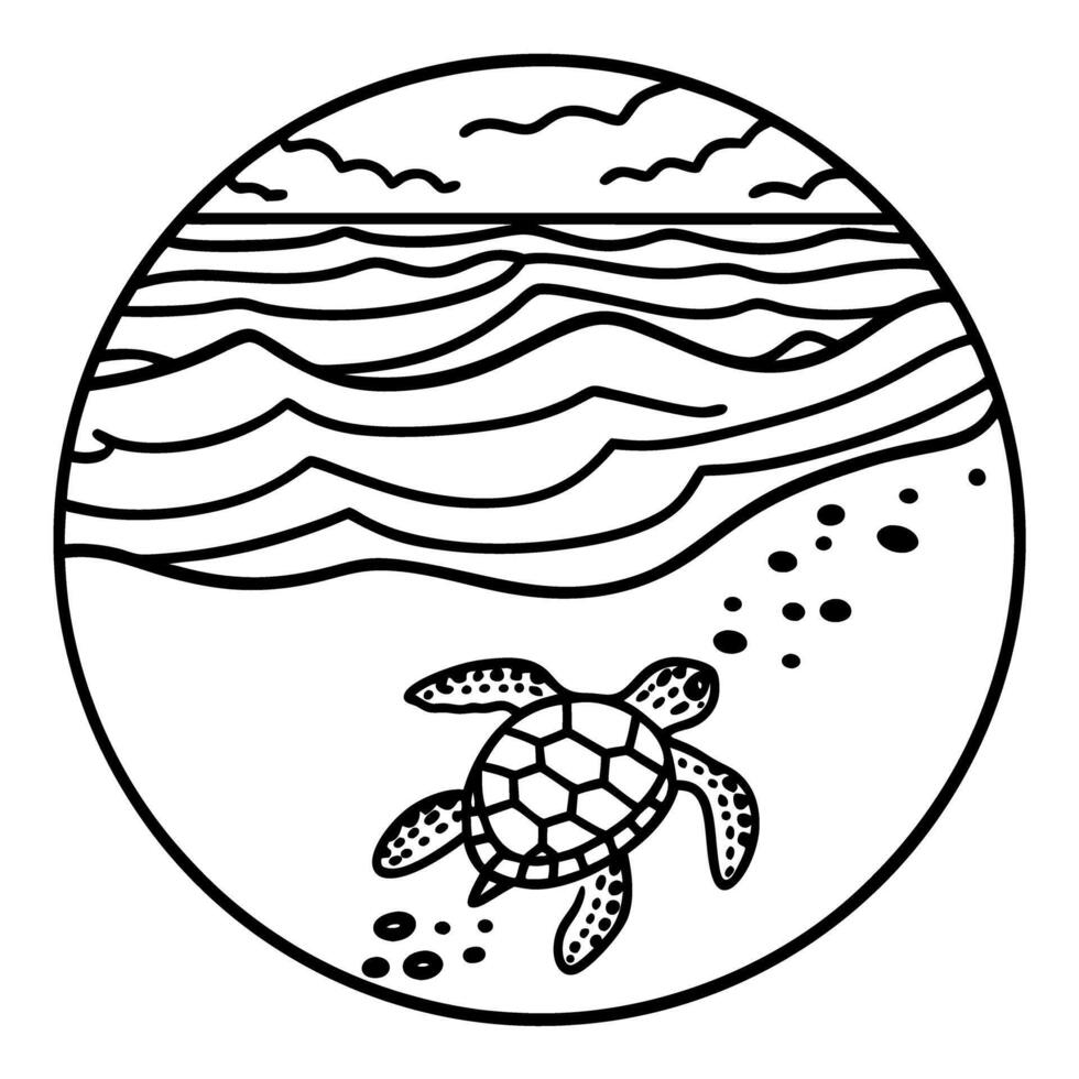Sea turtle on beach illustration with ocean waves and cloudy sky in circular design vector