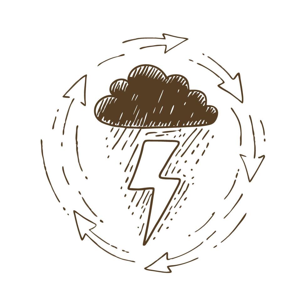 Cloud and lightning doodle with recycle arrows symbolizing natural weather cycle vector