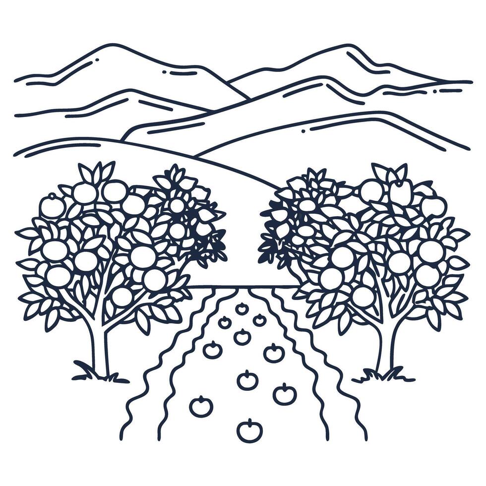 Apple orchard outline with mountains and rows of trees in a minimalist vector
