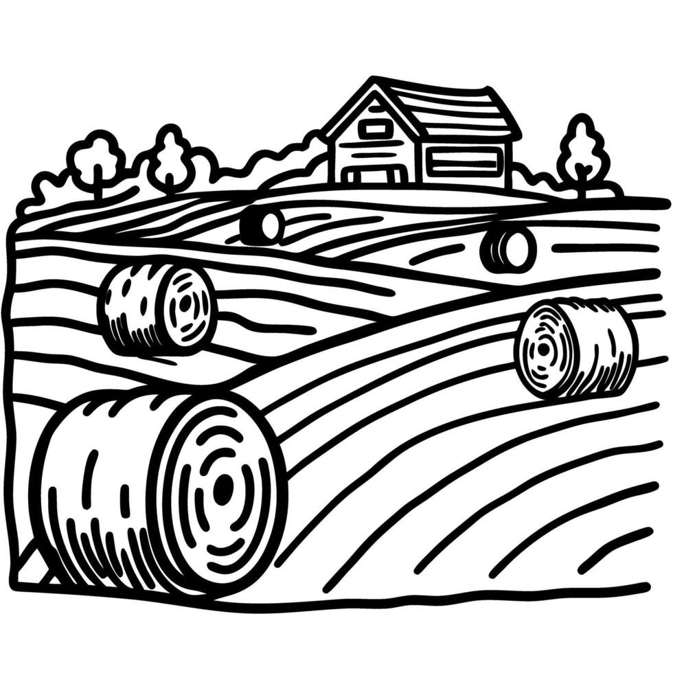 illustration of a rural farm landscape with hay bales and barn in rolling hills vector