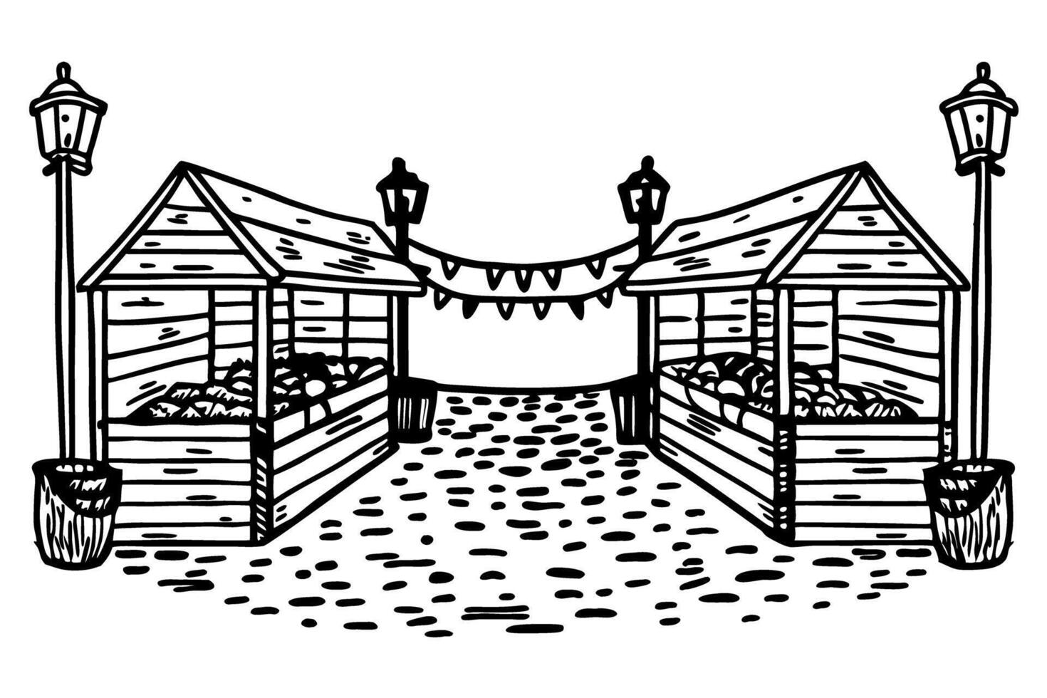 Outdoor farmers market sketch with vegetable stalls, lamps, festive bunting, rustic atmosphere vector