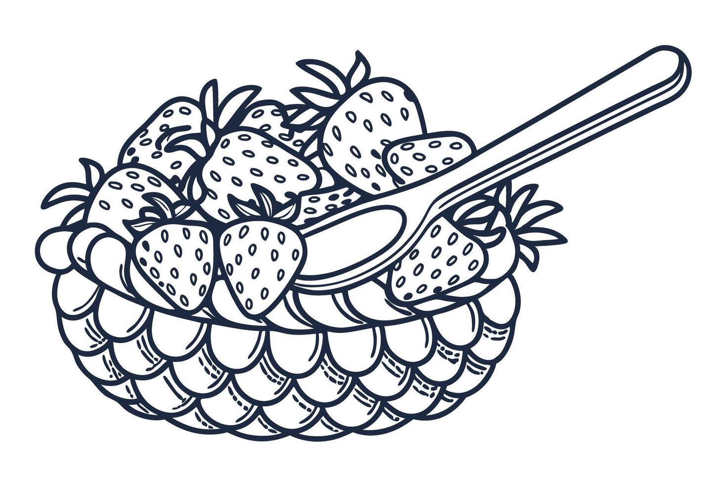 Basket of strawberries with spoon illustration fresh berry fruit concept in line art vector