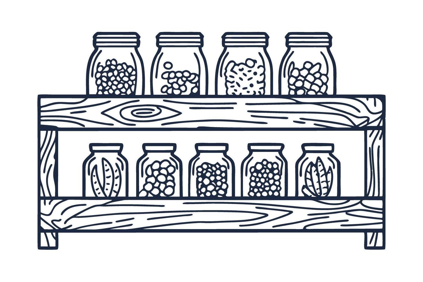 Jars of preserved goods on wooden shelf mason jars filled with dried beans, grains, seeds vector